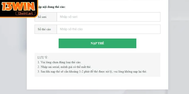 Một vài lưu ý cho người chơi khi thực hiện nạp tiền 13WIN