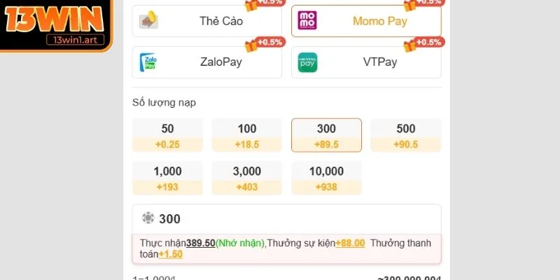 Nạp tiền 13WIN thông qua ví Momo